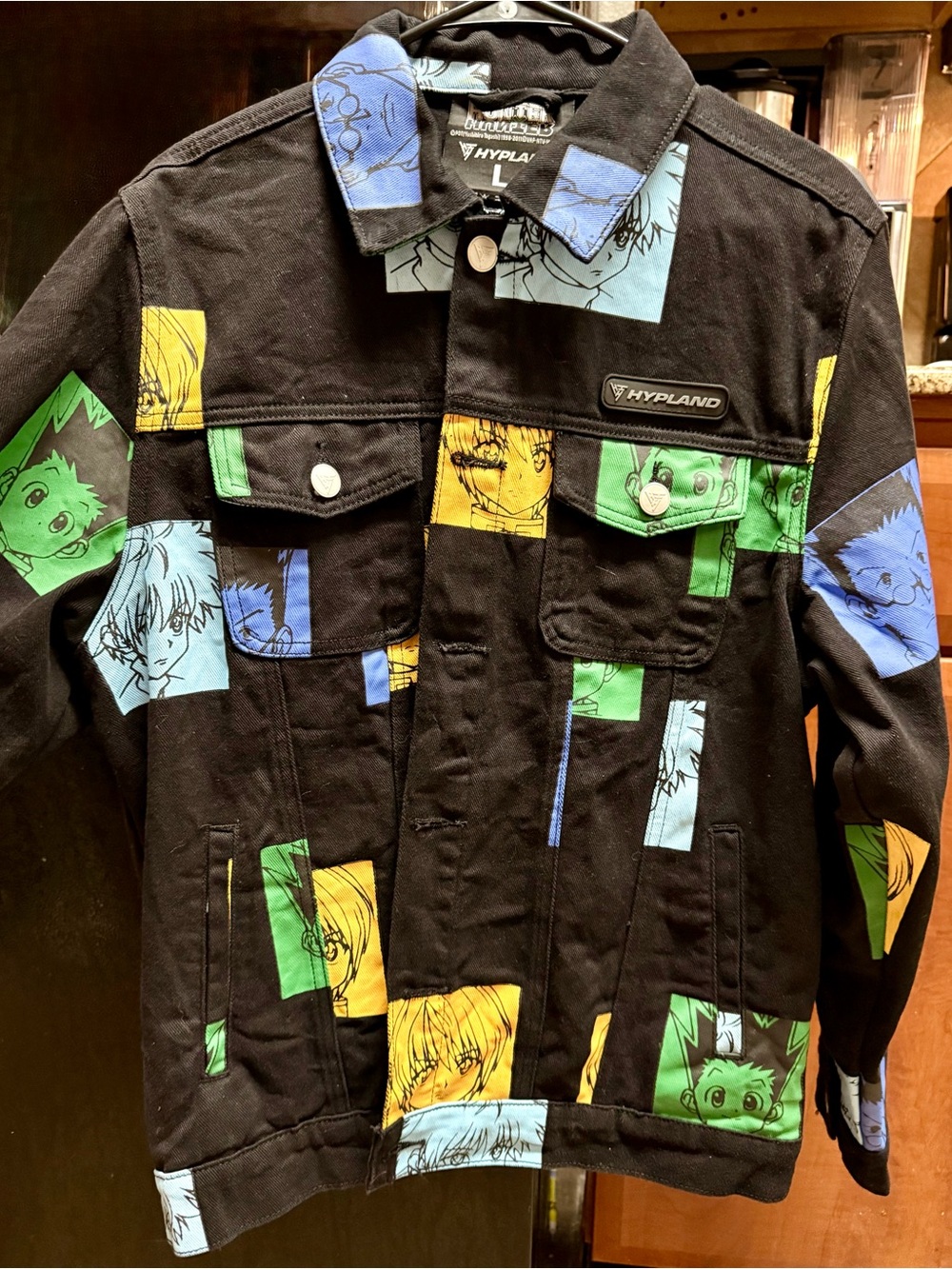 Hypland Black Jean Jacket with Blue, Green & Yellow Anime Panels